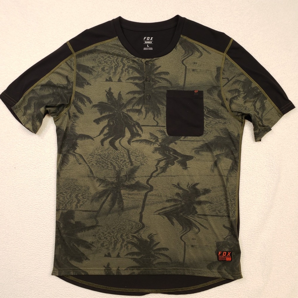 Fox Ranger Mountain Bike Jersey Mens Large Green Black Palm Tree MTB Henley